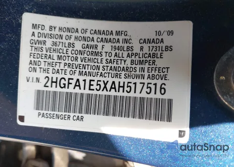 2010 Honda Civic Lx z USA, uszkodzony, nr VIN 2HGFA1E5XAH517516